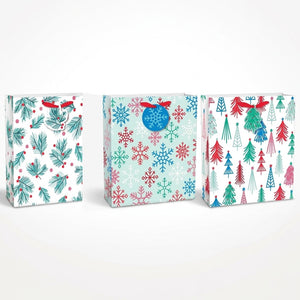 Festive Christmas Gift Bag Multipack - Trees, Holly & Snowflakes