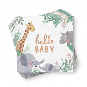 Jungle Baby Shower Lunch Napkins - 6.5 In. x 6.5 In. - "Hello Baby" Design, 16-Pack
