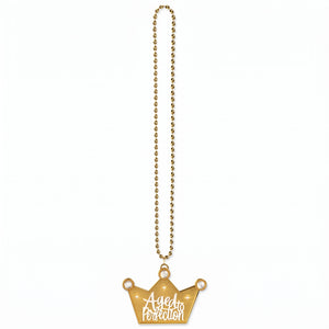 Golden "Aged to Perfection" Beaded Necklace with Crown Pendant