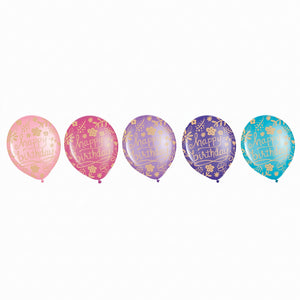 Happy Birthday Floral Latex Balloons - Gold Print Assorted Pink Purple Blue Teal 12-Inch 20-Pack for Elegant Birthday Party Decorations