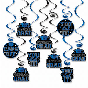 Blue "Congrats Grad" Swirl Hanging Decorations - 12 Pack