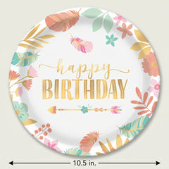 Boho Chic Happy Birthday Metallic Dinner Plates, 10.5-Inch, 8-Pack