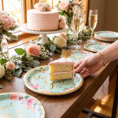 "She Said Yes" Floral 7" Round Metallic Mint Dessert Plates - 8 Pack