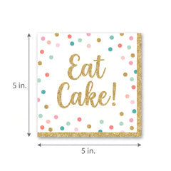 "Eat Cake!" Birthday Beverage Napkins - Gold & Pastel Confetti, 36-Pack - 5 In. X 5 In.