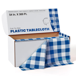 54 In. x 300 Ft. Cut to Size Plastic Table Cover | Blue Gingham