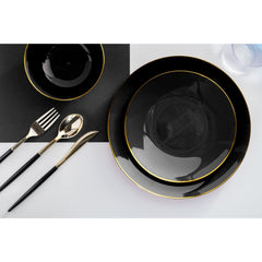 10 In. Black & Gold Rim Design Plastic Plates | 120 Count
