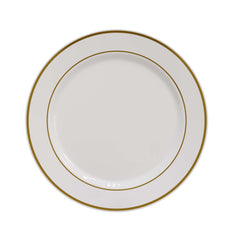 10.25 In. Cream/Gold Line Design Plastic Plates | 120 Count