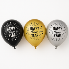 Happy New Year Printed Latex Balloons, Black/Silver/Gold - 25 Pack