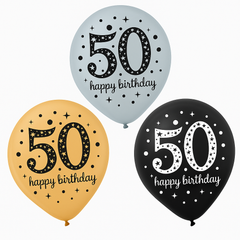 Sparkling 50th Birthday Latex Balloons, Black/Gold/Silver, 12-Inch, 15-Pack