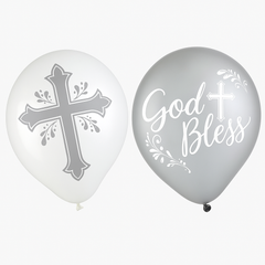 Holy Day "God Bless" Latex Balloons, Silver/White, Cross Design, 12-Inch, 15-Pack
