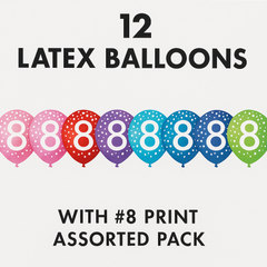 Colorful 12" Latex Balloons with #8 Print - Assorted Pack