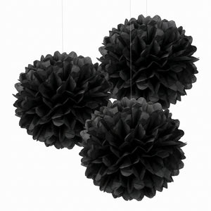 Black Fluffy Tissue Pom Pom Decorations, 16-Inch, 3-Pack