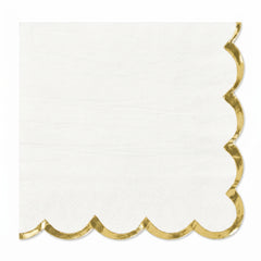White Scalloped Beverage Napkins with Gold Hot Stamped Edge - 5 In. X 5 In.