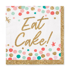 "Eat Cake!" Birthday Beverage Napkins - Gold & Pastel Confetti, 36-Pack - 5 In. X 5 In.