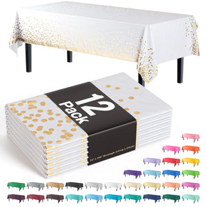White & Gold Celebrate Printed Plastic Table Covers | 12 Count - 54 In. x 108 In.
