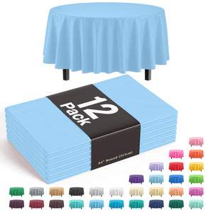 Premium Round Light Blue Plastic Table Covers | 12 Pack - 84 in.