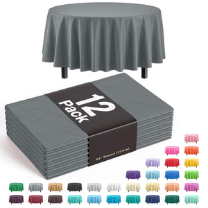 Premium Round Silver Plastic Table Covers | 12 Pack - 84 in.