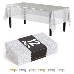 White Floral Plastic Table Covers | 12 Pack | 54 in. x 108 in.
