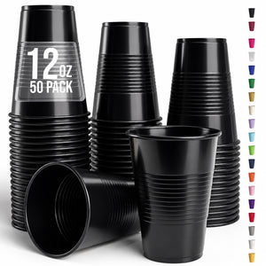 12 Oz. Black Plastic Cups | 50 Count