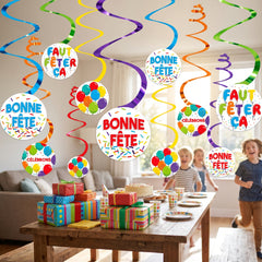 Bonne Fête Spiral Hanging Decorations - Colorful Birthday Party Decor, 12-Pack