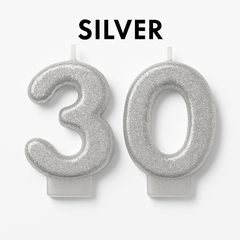 Sparkling Silver Glitter Number 30 Birthday Candles, 2-Piece Set