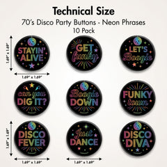 70's Disco Party Buttons - Neon Phrases, 10-Pack