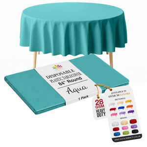 Round Aqua Blue Plastic Table Cover | 84 in.