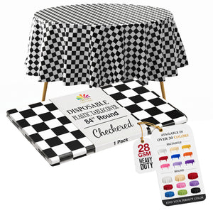 84 in. Round Black/White Checkered Plastic Table Cover