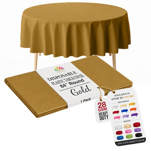 Gold Round Plastic Table Cover | 84 in.