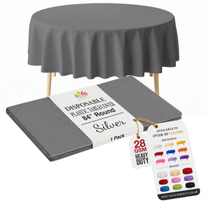 Round Silver Plastic Table Cover | 84 in.
