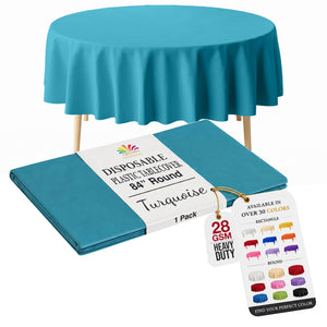 Round Turquoise Plastic Table Cover | 84 in.