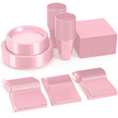 182 Pcs Pink Plastic Dinnerware Set | Setting for 26