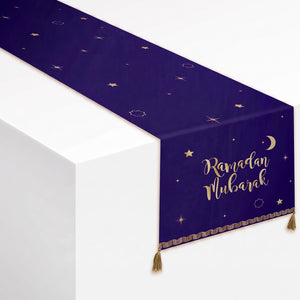 "Ramadan Mubarak" Navy & Gold Table Runner - 14x72-in Fabric Decoration