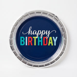 Modern Blue "Happy Birthday" Metallic Lunch Plates - 10.5"