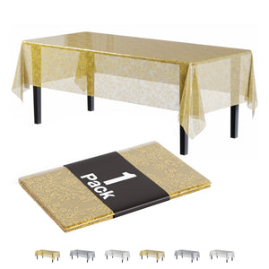 Gold Floral Plastic Table Cover | 54 in. x 108 in.