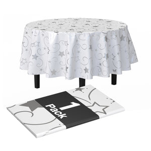 84 in. Round Silver Star Printed Plastic Table Cover