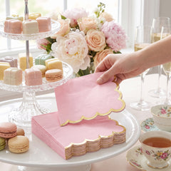Pink Scalloped Edge Beverage Napkins with Gold Hot Stamp - 5 In. X 5 In.