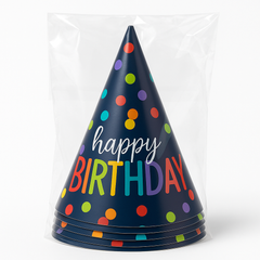 "Happy Birthday" Rainbow Polka Dot Cone Party Hats - 12 Pack