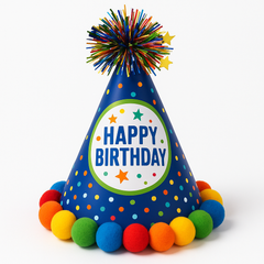 Colorful Confetti Birthday Cone Hat with Pom-Poms