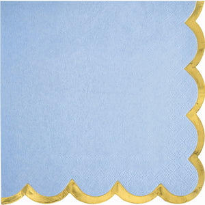 Scalloped Edge Beverage Napkins - Ice Blue with Gold Foil Border, Decorative Cocktail Napkins for Baby Shower, Birthday, Tea Party, Christening - 5 x 5 In