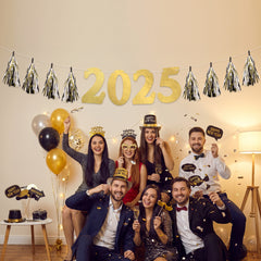 "2025" New Year's Tassel Garland Banner in Gold, Black, and Silver - 8 ft
