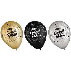 Congrats Grad Printed Latex Balloons - Black, Gold & Silver, 12-Inch, 72-Pack