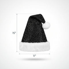 Deluxe Black Tinsel Santa Hat with Plush White Trim