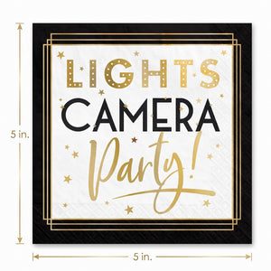 Hollywood Awards Night Beverage Napkins - "Lights Camera Party!" Theme, 40-Pack - 5 In. X 5 In.