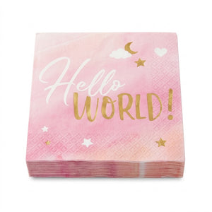 "Hello World" Pink and Gold Lunch Napkins - 6.5 In. x 6.5 In. - 16 Pack