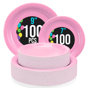 9 & 7 Inch. Pink Paper Plates Combo - 200 Pack (100 of each)