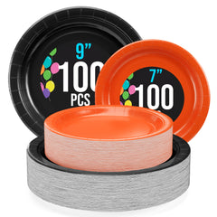 9 & 7 Inch. Black and Orange Paper Plates Combo - 200 Pack (100 of each)