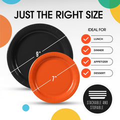 9 & 7 Inch. Black and Orange Paper Plates Combo - 200 Pack (100 of each)
