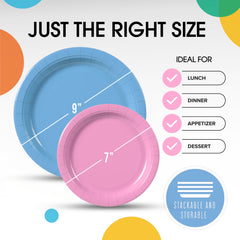 9 & 7 Inch. Light Blue and Pink Paper Plates Combo - 200 Pack (100 of each)