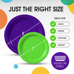 9 & 7 Inch. Purple and Lime Paper Plates Combo - 200 Pack (100 of each)